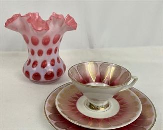 1940's Fenton Cranberry Coin Dot Vase & Westerling Porcelain Cup & Saucer