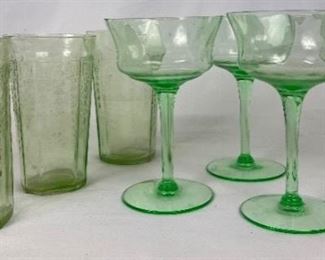 Green Depression Glass Tumblers and Champagne Flutes