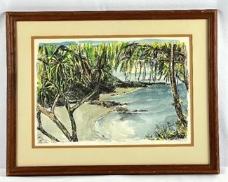 Ales Sedlacek: Lumahai Beach, Kauai - Original Signed Ink and Watercolor on Paper, Framed. 1983.