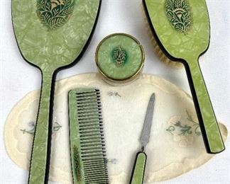 Vintage Dupont Green Pearlescent Celluloid 5-Piece Vanity Set/Original Box
