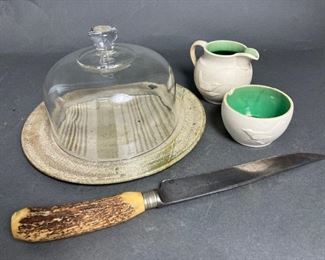 Pottery Cheeseplate with Glass Cover, Chester Chapman Pottery Creamer & Sugar Bowl & Knife with Stag Horn Handle