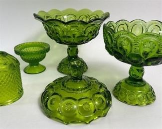 Gorgeous Green Carnival Glass Items - Candy Bowl, Covered Candy Dish and Candle Holder