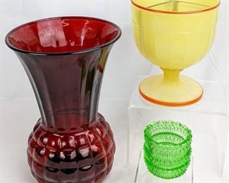 Vintage Yellow Three-Part Goblet / Ruby Red Vase / Green Faroy Votive Holder - Colorful Glass Pieces
