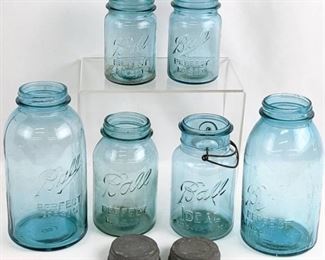 Six Vintage Canning Jars with Two Zinc Lids
