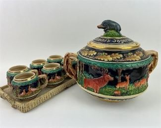 Vintage Werner Corzelius Soup Tureen and Mug Set with Tray - Hunting Themed - West Germany