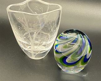 Kosta Boda Art Glass - Small Vase & Blue Green Swirls Paperweight - Sweden