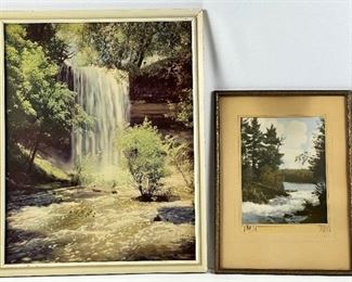 1936 Framed Handtinted Photo "The Manitou" by Louis Dworshak (Duluth) and Framed Vintage Waterfall Print