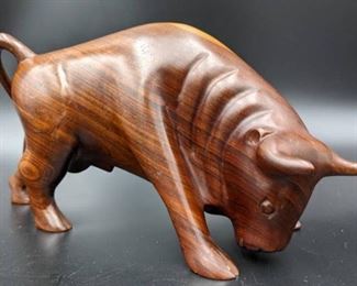 Vintage Hand-Carved Mahogany Bull - Marked Cal Peru Huayacan