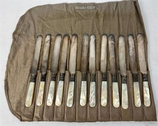 Set of 12 Landers, Frary & Clark Knives with Sterling Ferrules & Mother of Pearl Handles