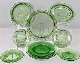 11 Pieces Green Depression Uranium Glassware