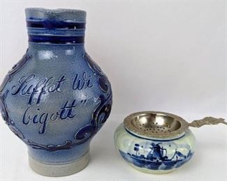 Vintage Rein H. Merkelbach Salt Glaze Stoneware Pitcher, Delft Holland Bowl & Tea Strainer