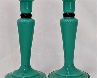 Pair of Turquoise Czechoslovakia Glass Candle Stick Holders