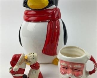 Vintage Penguin Cookie Jar, Mr. & Mrs. Claus S/P Shakers and a Santa Mug