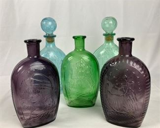 Great Collection of Blue, Green & Amethyst Mason Glass Flasks