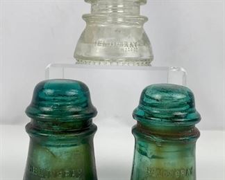3 Vintage HEMINGRAY Glass Electric Insulators, Aqua and Clear