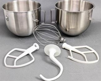 Two Whirlpool KitchenAid Standing Mixer Bowls and Four Accessories