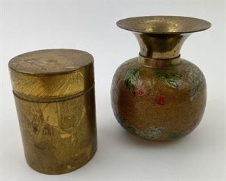 Loose Tea or Tobacco Airtight Small Brass Cannister with Lift Platform & Solid Brass Enameled Vase from India