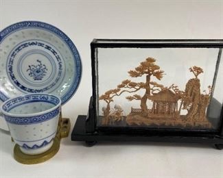 Chinese Cork Diorama in Display Case w/ Small Tea Cup and Saucer