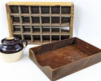 Vintage Coke Bottle Crate, Wood Globe-Wernieke Desk Tray, Stoneware Bean Crock