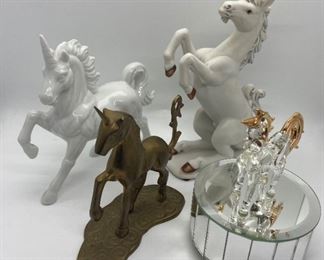 Unicorn Collection - 1 Brass Unicorn, 2 Porcelain and Crystal Unicorn on a Mirrored Music Box