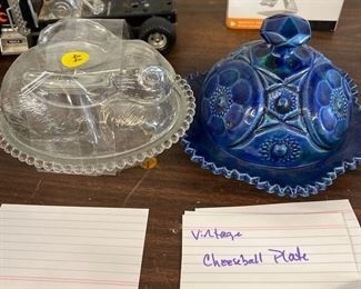 VINTAGE CHEESE PLATE AND GLASS RABBIT CANDY DISH