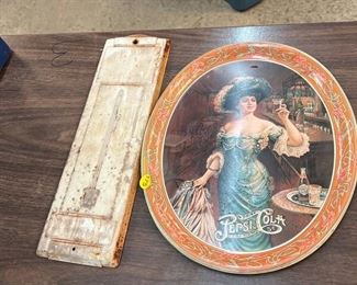 VINTAGE PEPSI TRAY AND THERMOMETER