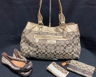 Coach Signature Brown Canvas Gold Leather Hobo Bag Shoes  Wristlets