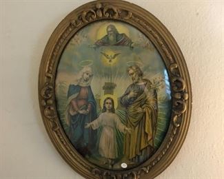 Beautiful antique Catholic Holy family print in bubble glass oval frame