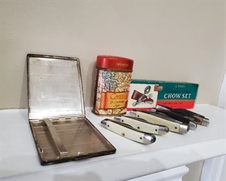 Sterling cigarettes holder, old knives
