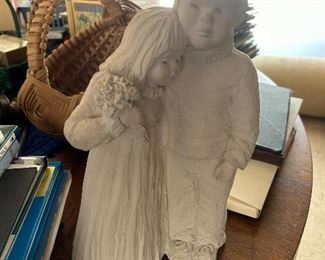 Vtg Clay Sculpture statue Lee Bortin Sister Brother bedtime teddy bear signed 