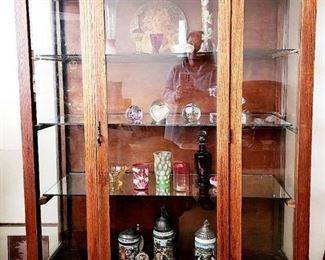 Antique Oak Cabinet Glass Mirror Shelves