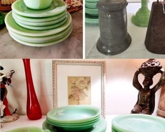 Fireking Jadeite Dishes, Antique Pewter, Dresden, Royal Crown Derby