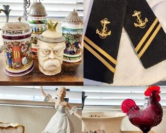 Military German Steins, Ruby Glass Rooster