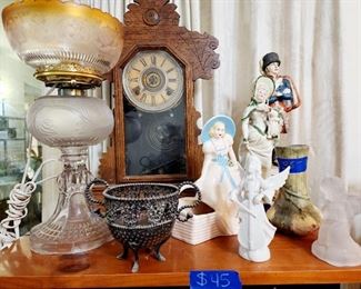Antique lamps, pottery, clockes