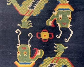 Vntg Handmade Double Dragon Tibetan Wool Rug
