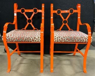 Pr Orange Metal Chairs W Leopard Print Seat Cush

