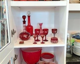 Murano Punch bowl set, Bohemian etched glass decanter and glasses. 