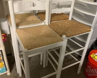 4 white barstools with backs and rush cane seats