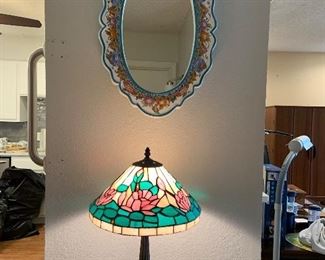 tiffany style slag glass lamp and hand painted oval porcelain mirror