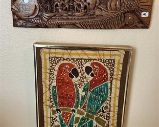 Carved wood and batik parrots