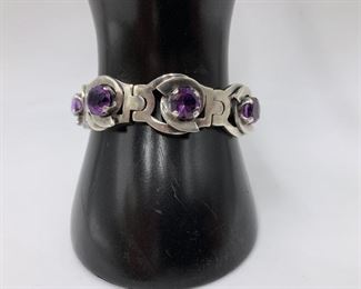Mid Century Mexican Sterling & Amethyst Link Bracelet - Los Ballesteros Taxco