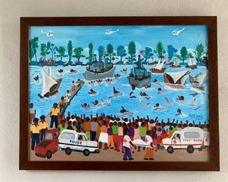 Large Oil on Canvas Haitian Folk Art by Maxan Jean Louis