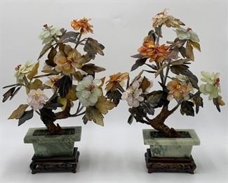Pair of Vintage Jade Flower & Semi-Precious Stones Trees