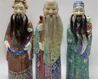 Set of 3 Chinese Porcelain Figures of Immortals with Human Hair