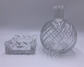 Lot of 2 Baccarat Crystal Cyclades Round Swirl Vase & Lalique Clear Soudan Ashtray