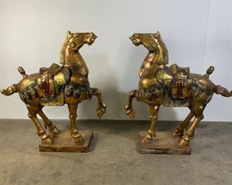 Pair of Mid-19th Century Hand Carved Wooden Tang Dynasty Horse