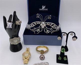 Lot of Swarovski Tiara & Costume Jewelry Rings, Watches, Earrings