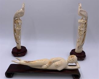 Antique lot-Chinese Hand Carved Bone Sculptures-2 Birds & Reclining Woman