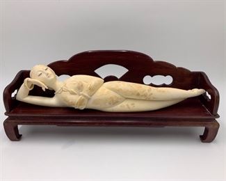 Chinese Hand Carved Sculpture Nude Reclining Woman on Wooden Base 15"