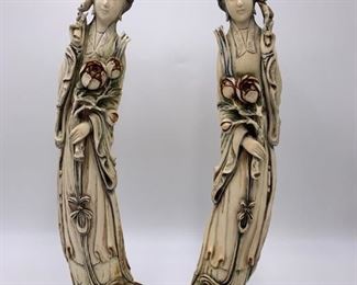 Pair of Chinese Hand Carved Bone Sculpture of Kuan-yin on Wooden Base